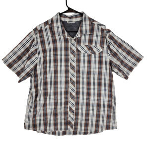 Eddie Bauer Mens Fishing Shirt L Short Sleeve Button Up Plaid Cream Brown Gray